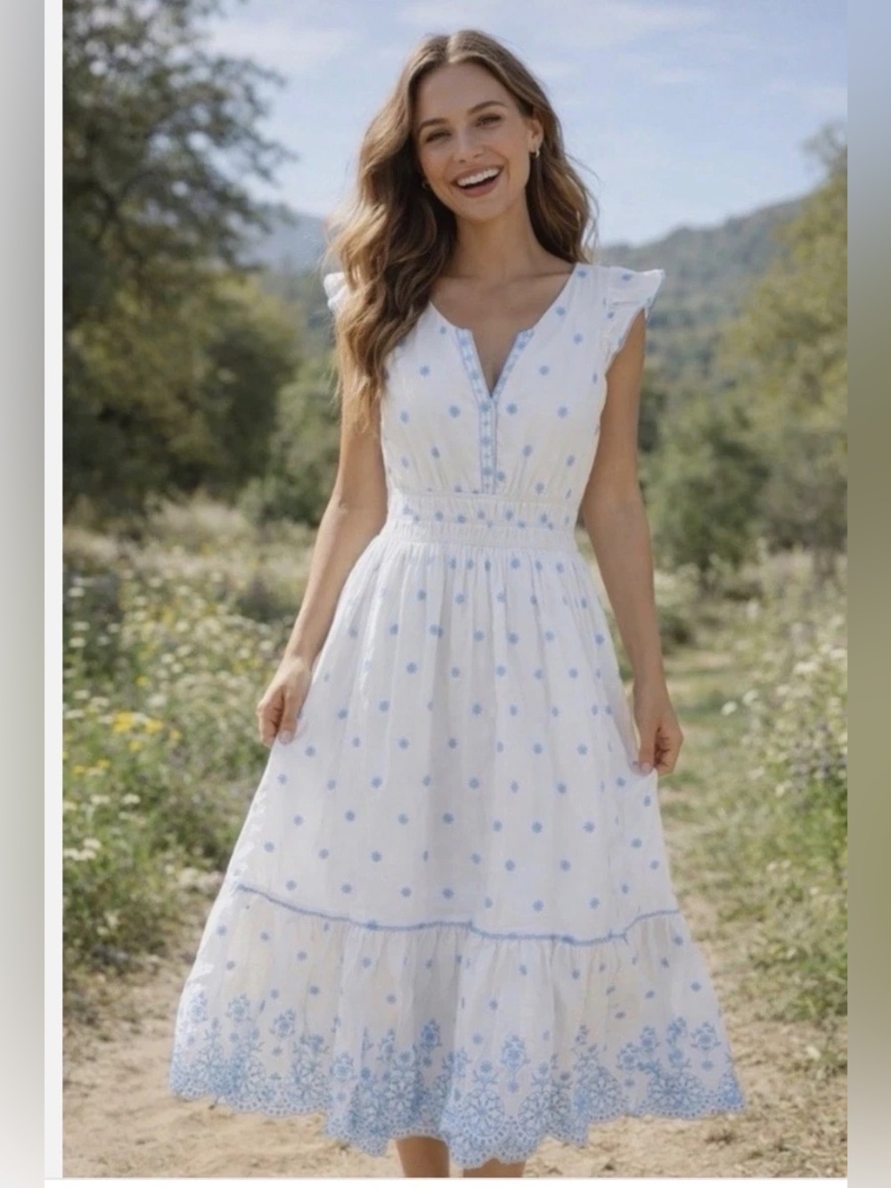 Rachel Zoe white and blue embroidered eyelet midi maxi dress